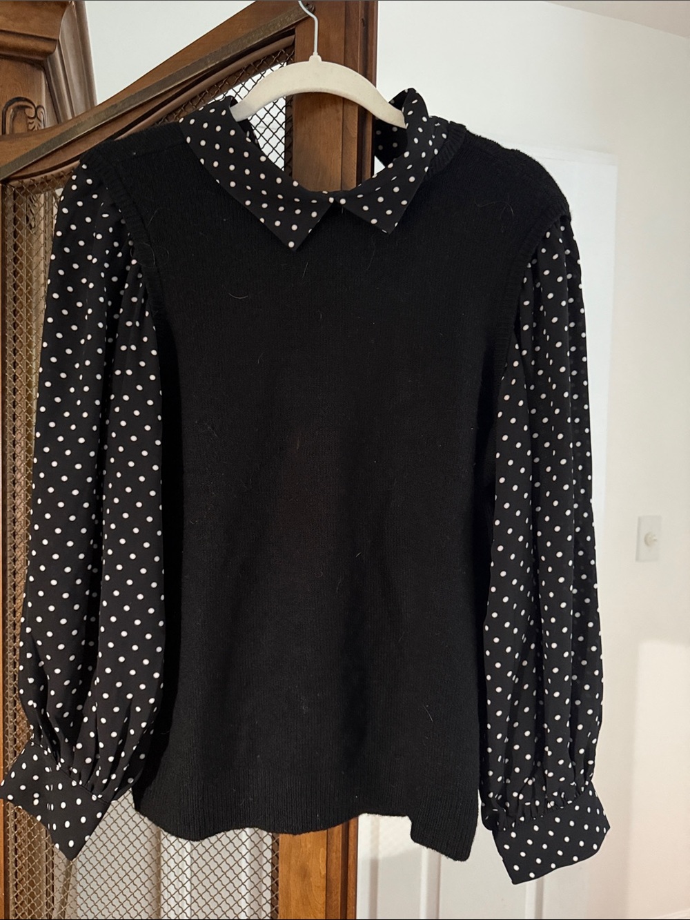 CeCe Black Sweater with Black-and-White Polka Dot Sleeves